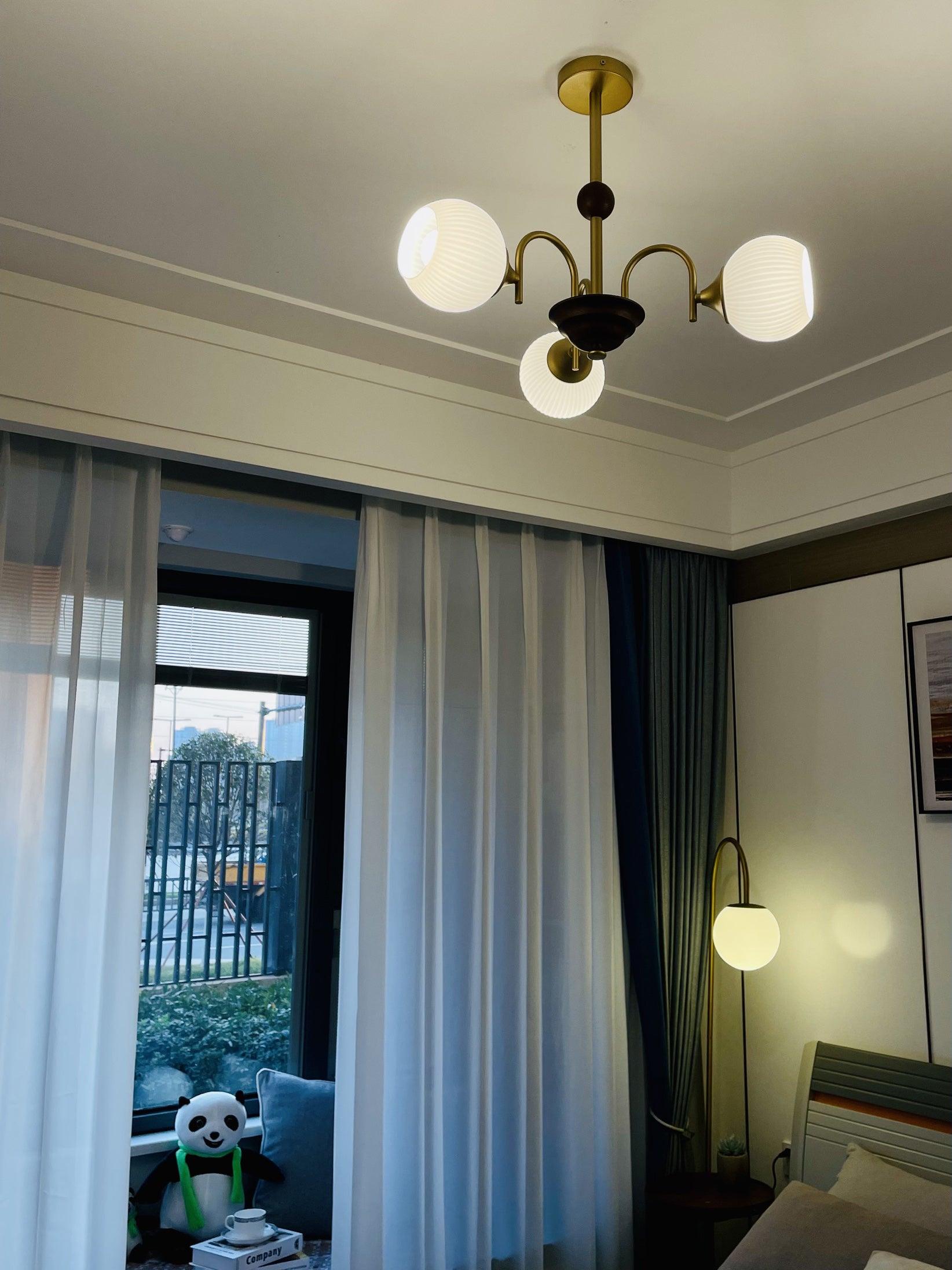 Modern Sculptural Glass Ribbed Chandelier Gold Mid Century Pendant Light for Dining Living Room
