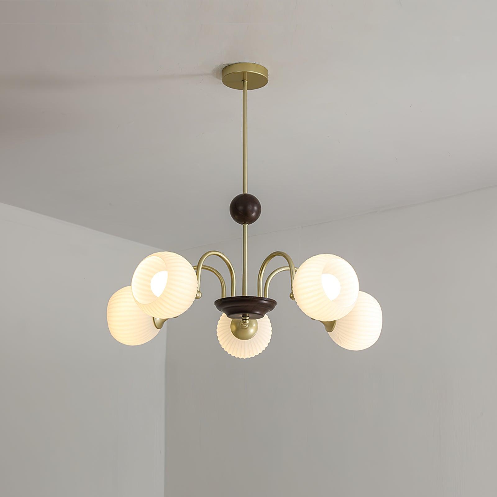 Modern Sculptural Glass Ribbed Chandelier Gold Mid Century Pendant Light for Dining Living Room