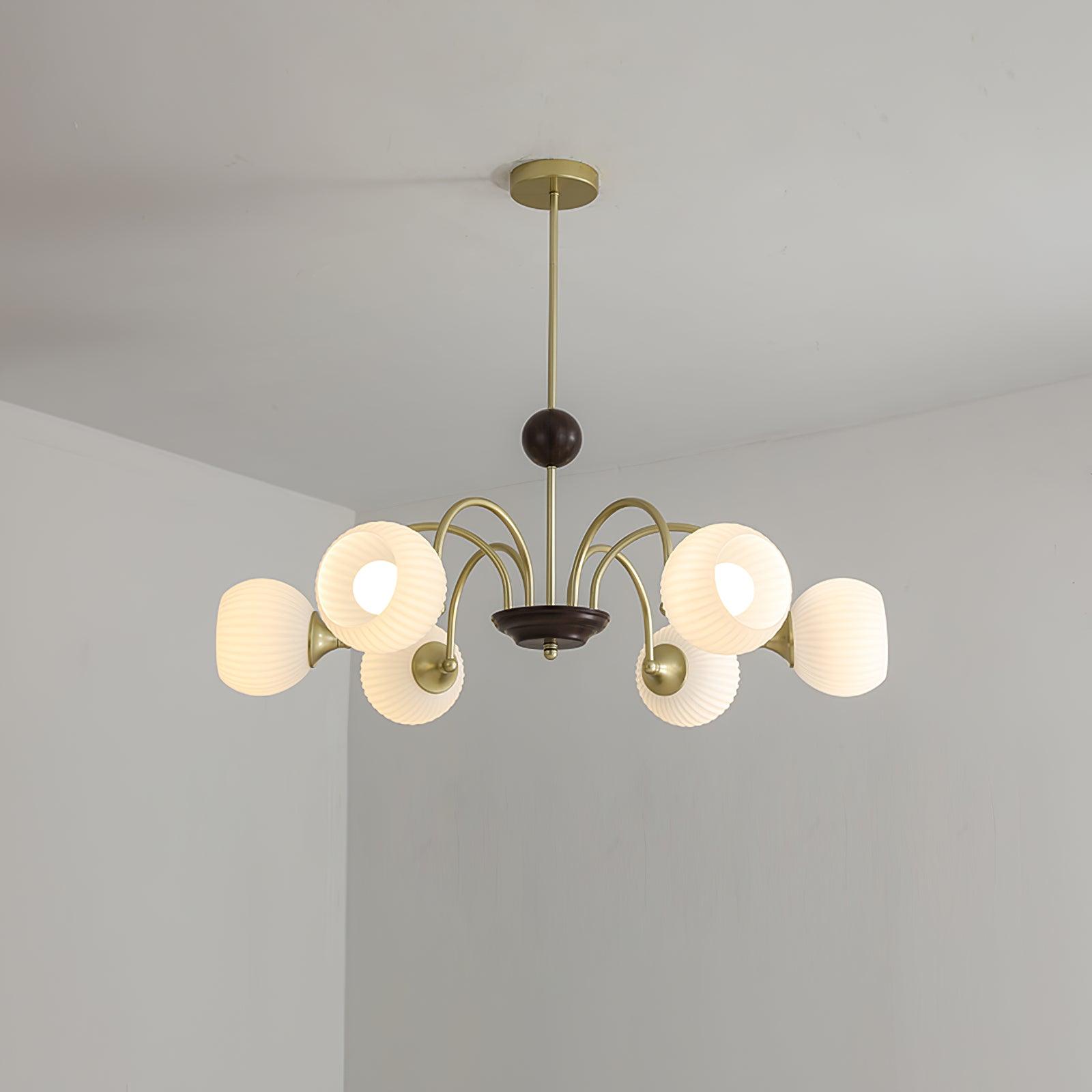Modern Sculptural Glass Ribbed Chandelier Gold Mid Century Pendant Light for Dining Living Room