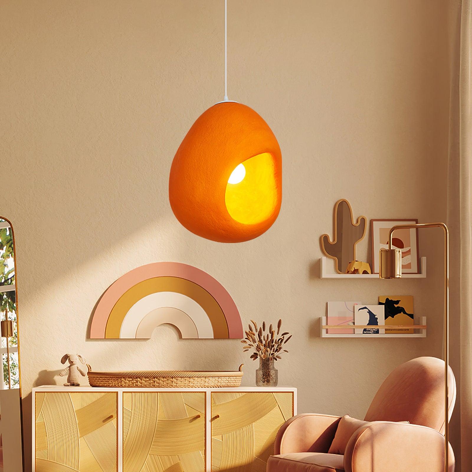 Modern Sculptural Orange Textured Pendant Light Organic Oval Hanging Ceiling Lamp