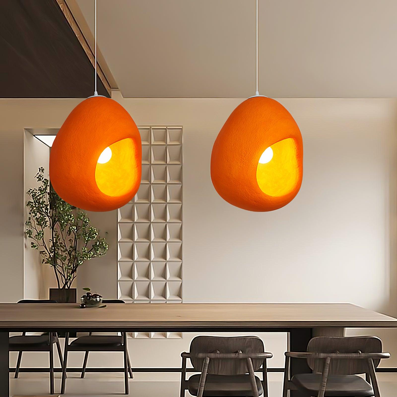 Modern Sculptural Orange Textured Pendant Light Organic Oval Hanging Ceiling Lamp