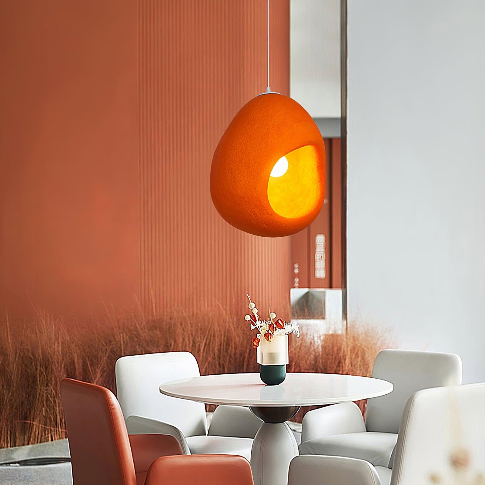 Modern Sculptural Orange Textured Pendant Light Organic Oval Hanging Ceiling Lamp