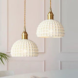 Modern Semi Globe Ceramic Copper Pendant Light with Brass Finish LED Hanging Fixture for Entry and Dining Room