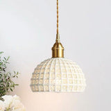 Modern Semi Globe Ceramic Copper Pendant Light with Brass Finish LED Hanging Fixture for Entry and Dining Room