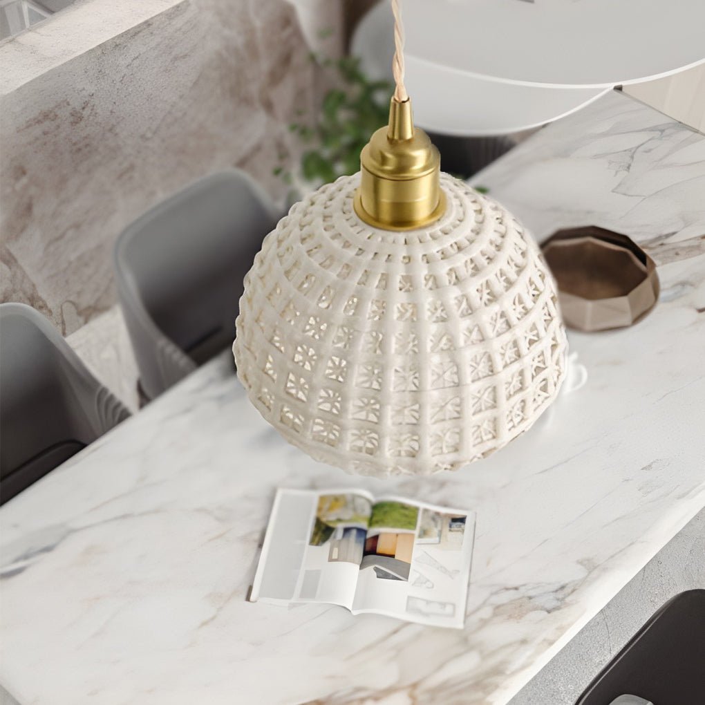 Modern Semi Globe Ceramic Copper Pendant Light with Brass Finish LED Hanging Fixture for Entry and Dining Room