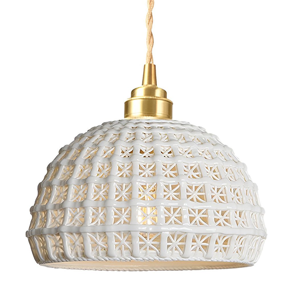 Modern Semi Globe Ceramic Copper Pendant Light with Brass Finish LED Hanging Fixture for Entry and Dining Room