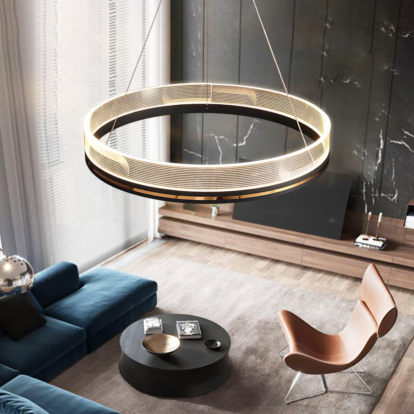 Modern Sendra LED Mesh Chandelier Black and Brass Circular Linear Pendant Light