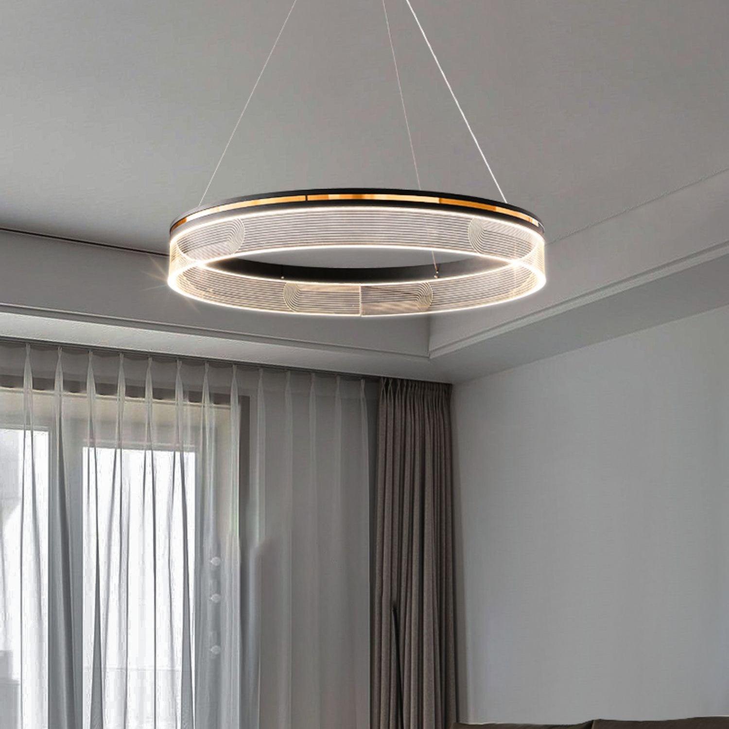 Modern Sendra LED Mesh Chandelier Black and Brass Circular Linear Pendant Light