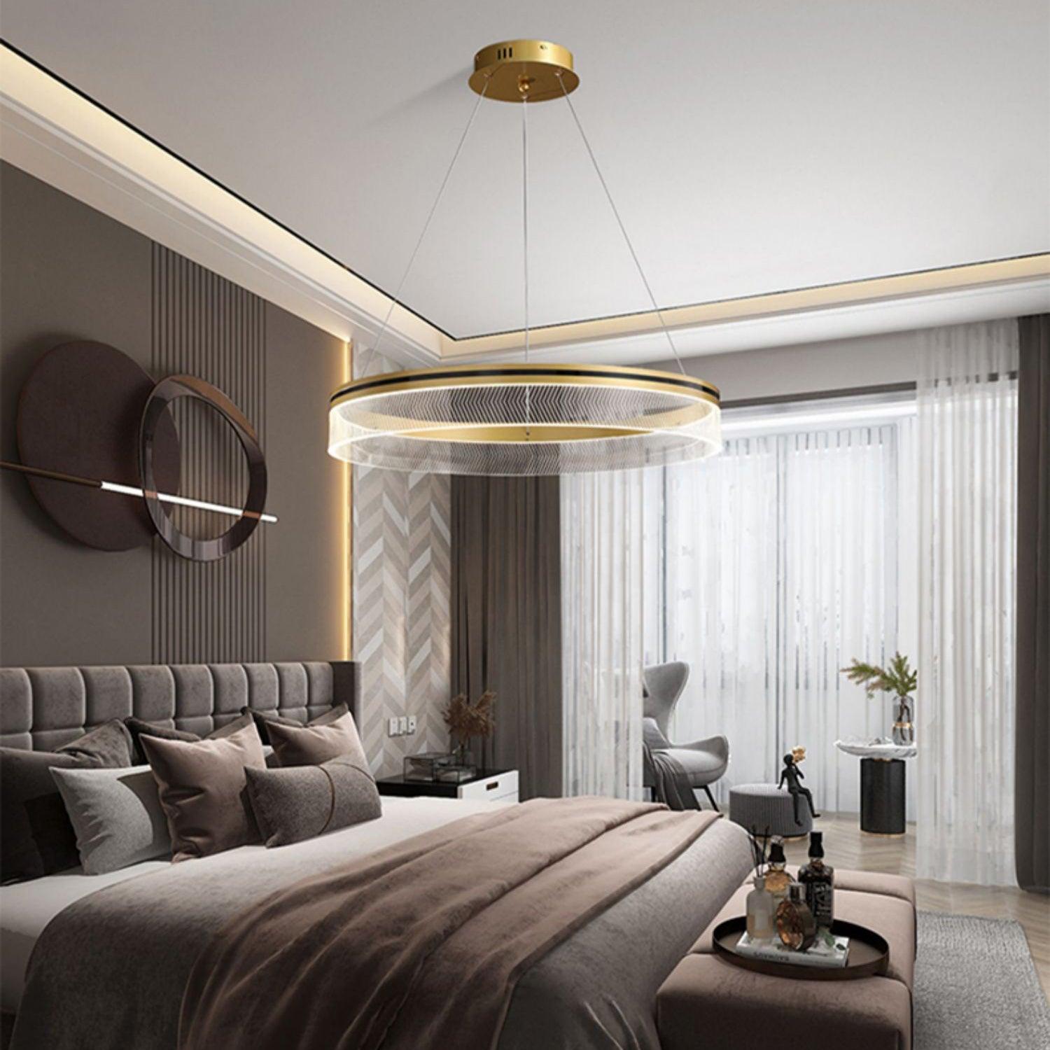 Modern Sendra LED Mesh Chandelier Black and Brass Circular Linear Pendant Light
