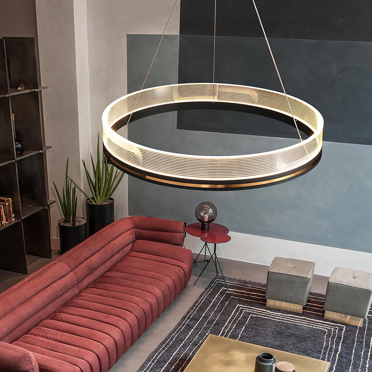 Modern Sendra LED Mesh Chandelier Black and Brass Circular Linear Pendant Light