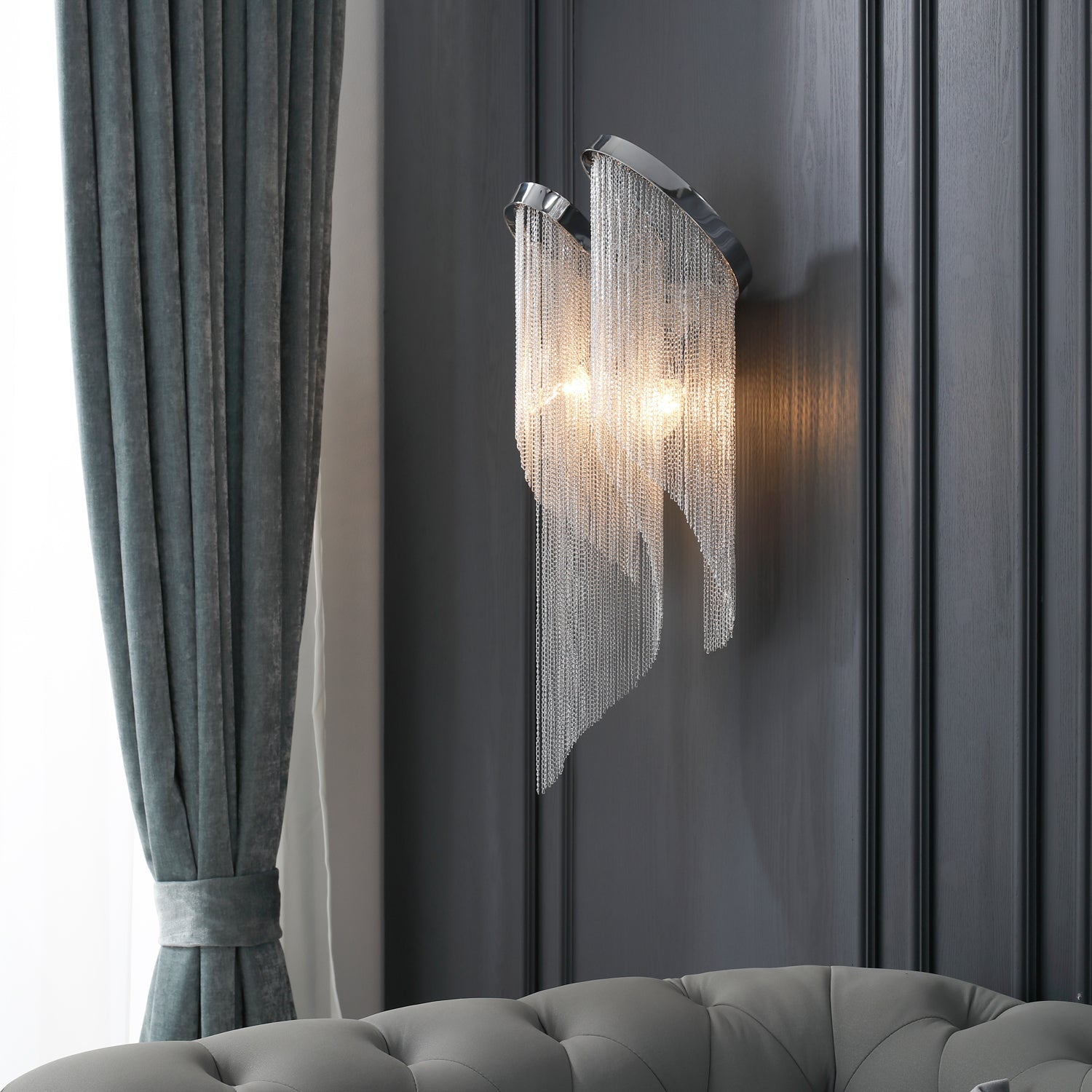 Modern Silver Chain Tassel Wall Sconce Decorative Aluminum Fringe Light for Living Room Bedroom Set of 2