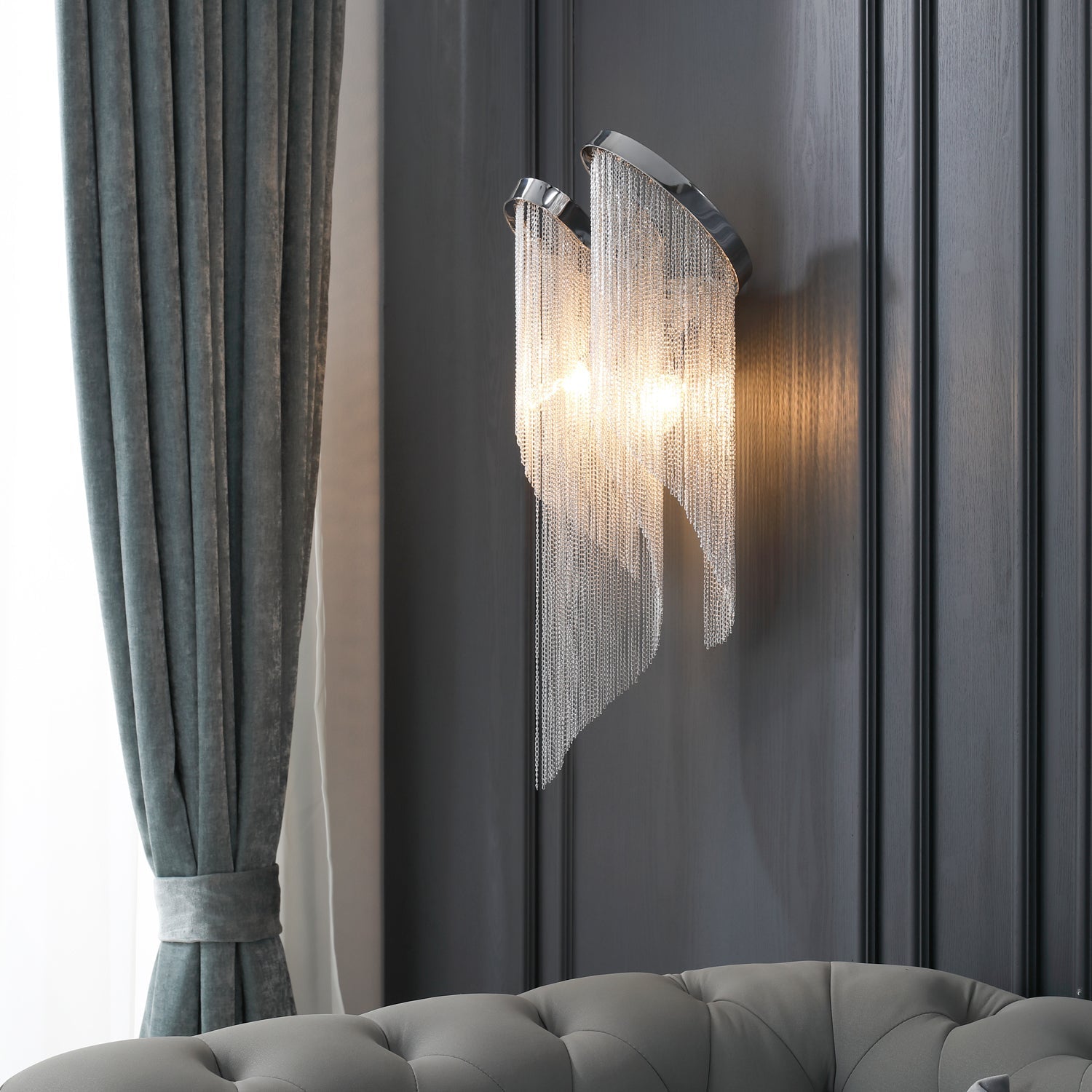 Modern Silver Chain Tassel Wall Sconce Decorative Aluminum Fringe Light for Living Room Bedroom Set of 2
