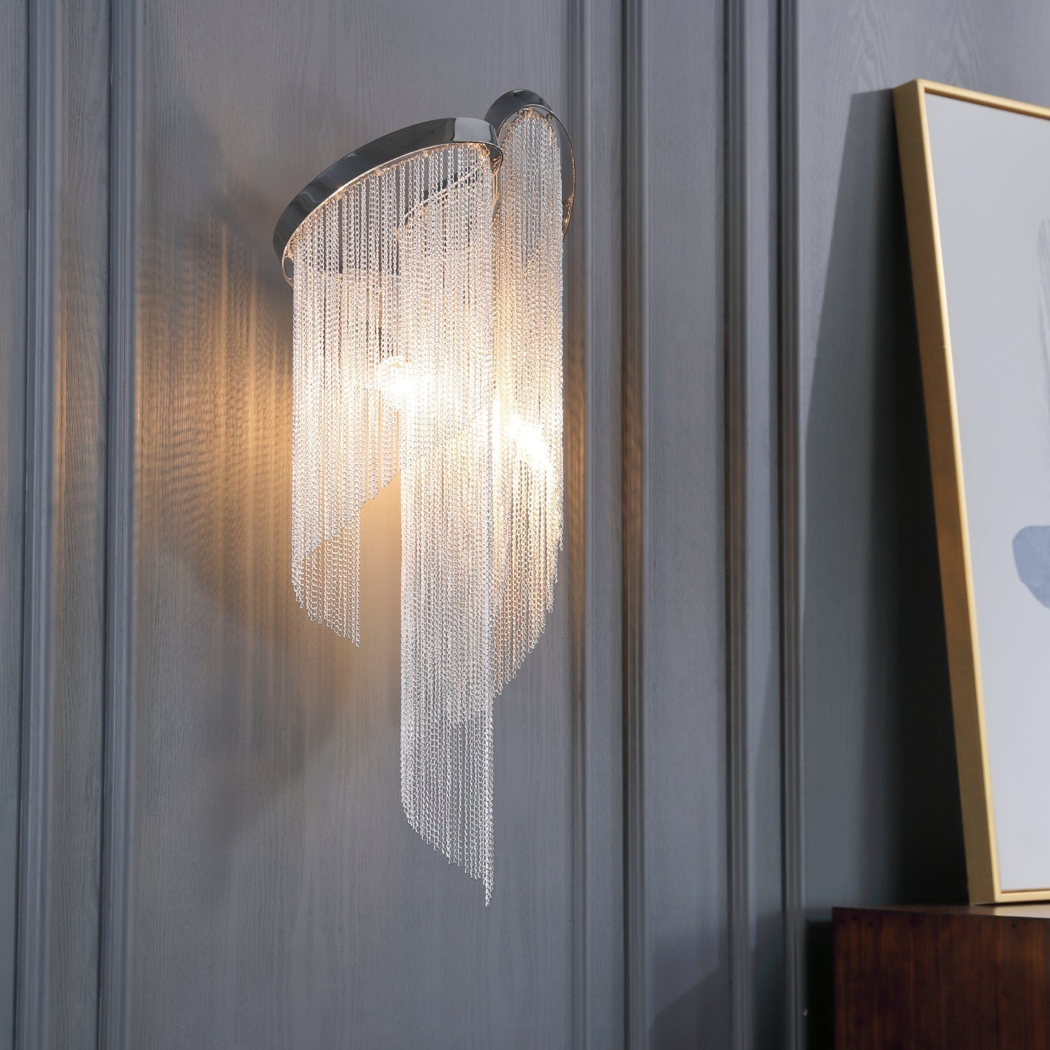 Modern Silver Chain Tassel Wall Sconce Decorative Aluminum Fringe Light for Living Room Bedroom Set of 2