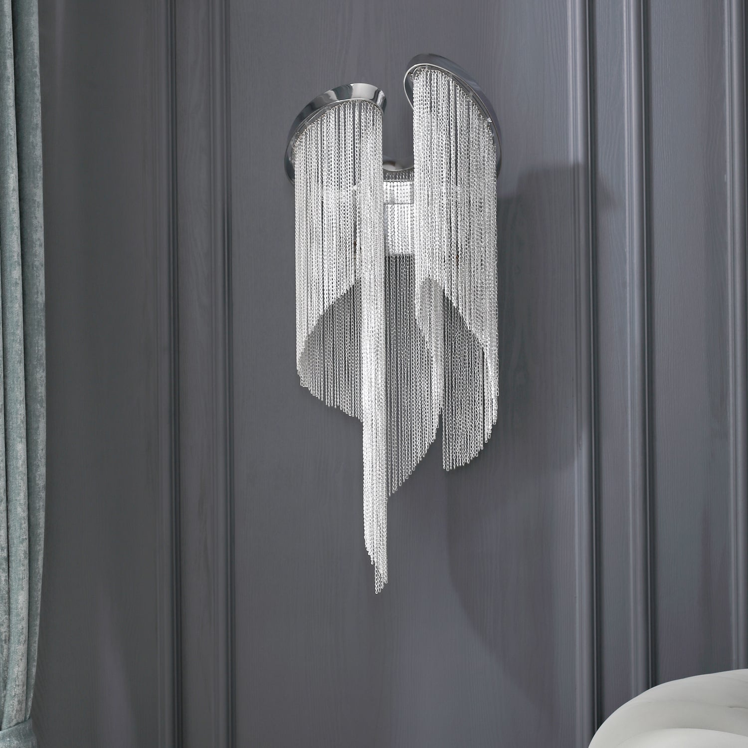 Modern Silver Chain Tassel Wall Sconce Decorative Aluminum Fringe Light for Living Room Bedroom Set of 2