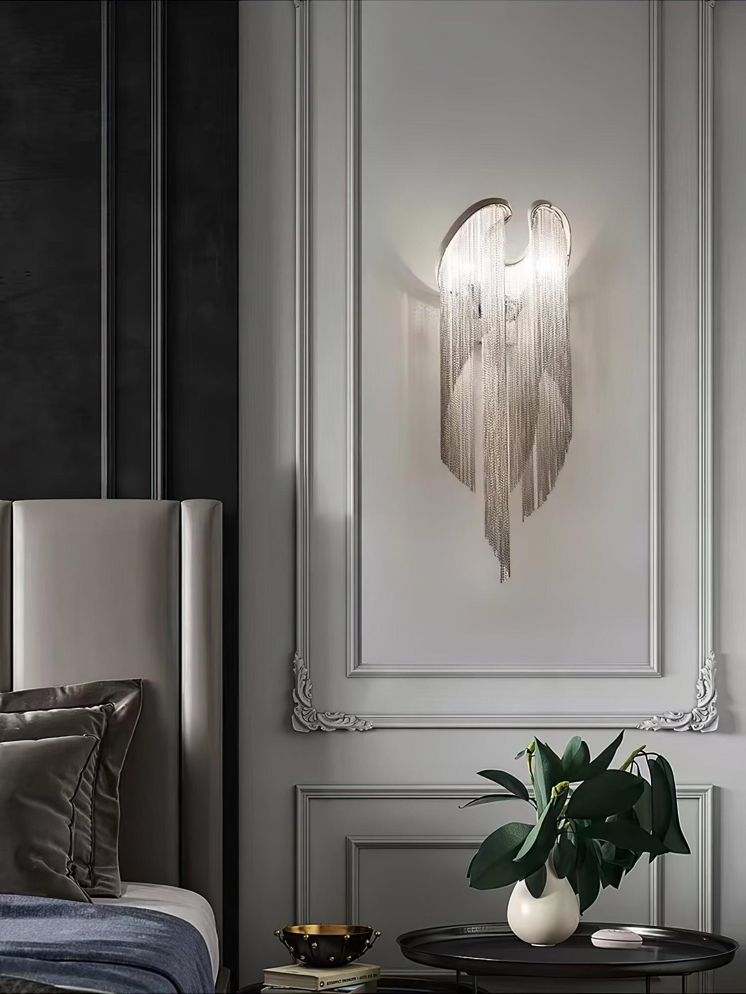 Modern Silver Chain Tassel Wall Sconce Decorative Aluminum Fringe Light for Living Room Bedroom Set of 2
