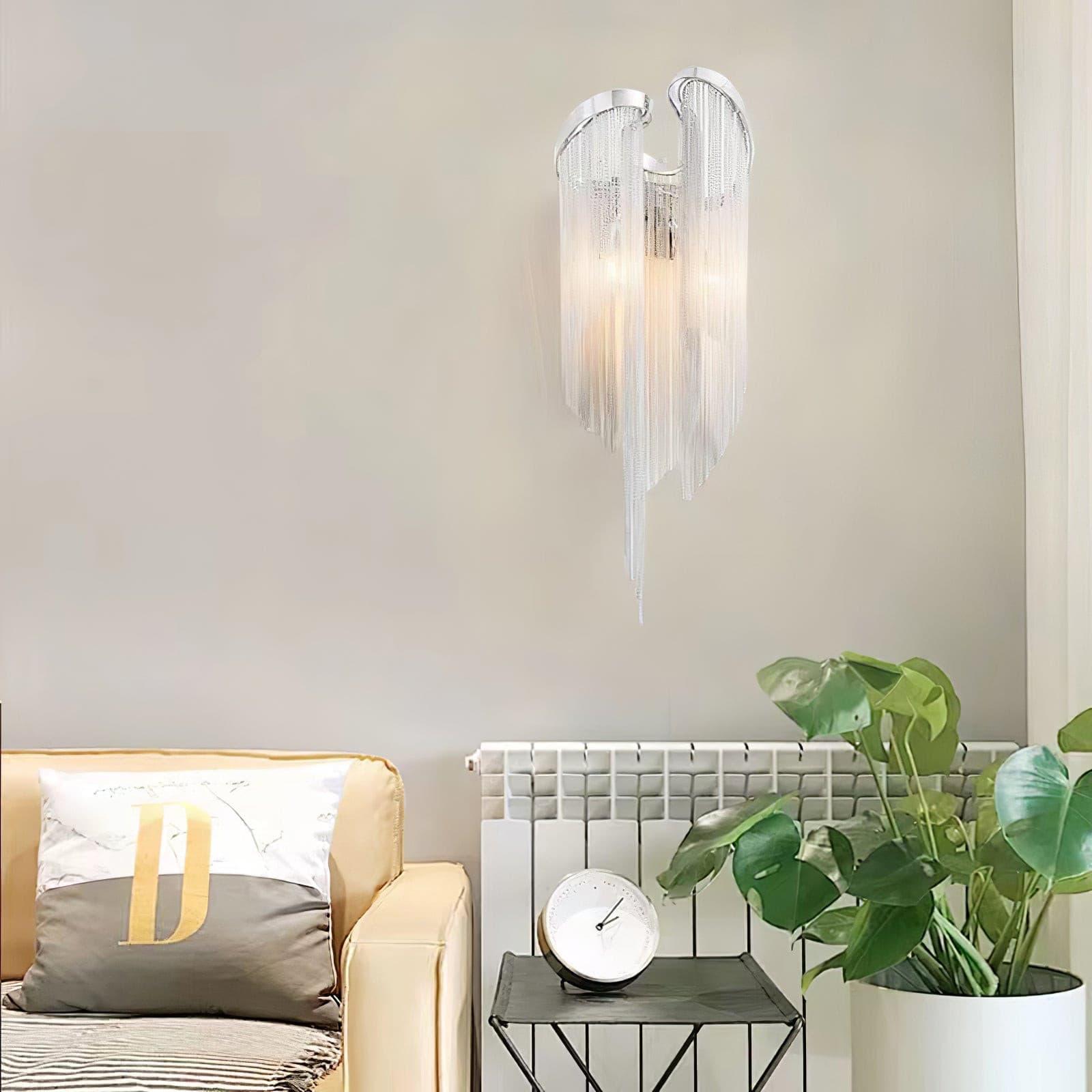 Modern Silver Chain Tassel Wall Sconce Decorative Aluminum Fringe Light for Living Room Bedroom Set of 2