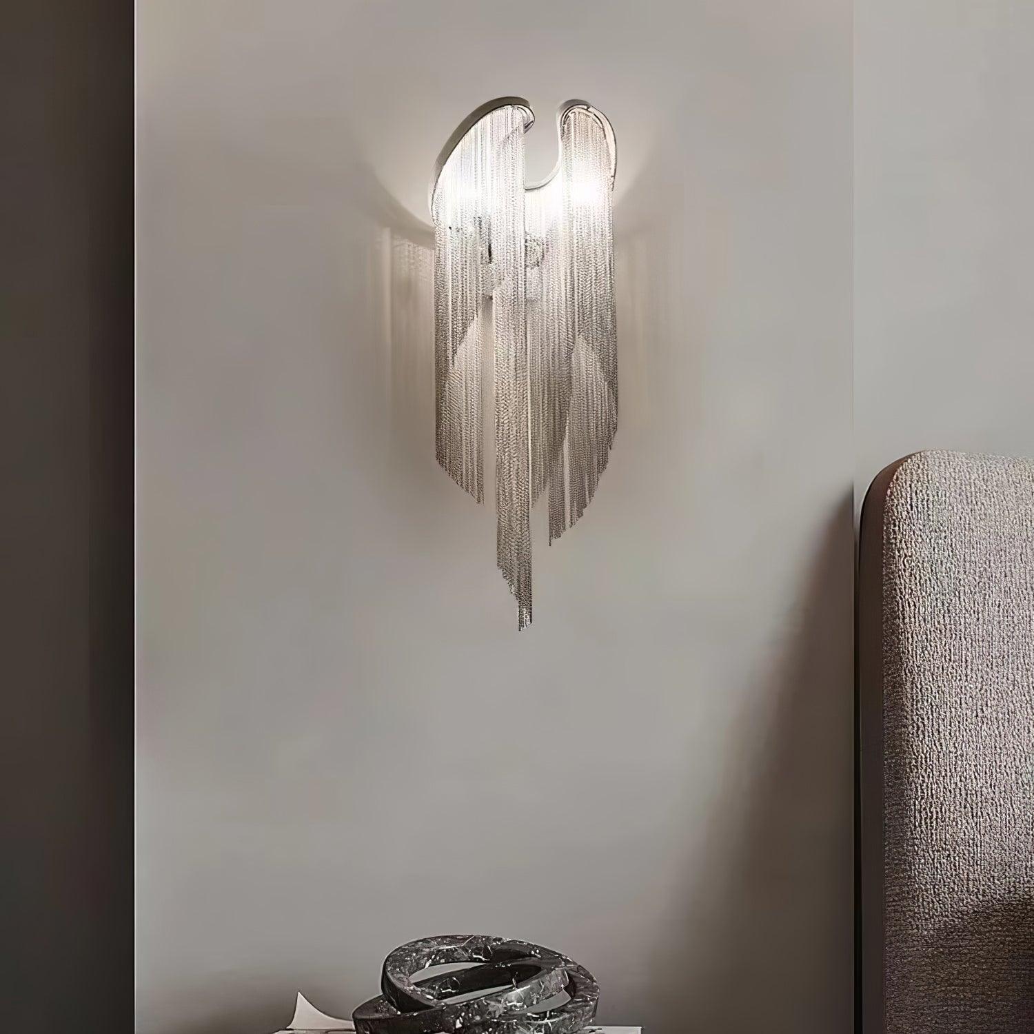 Modern Silver Chain Tassel Wall Sconce Decorative Aluminum Fringe Light for Living Room Bedroom Set of 2