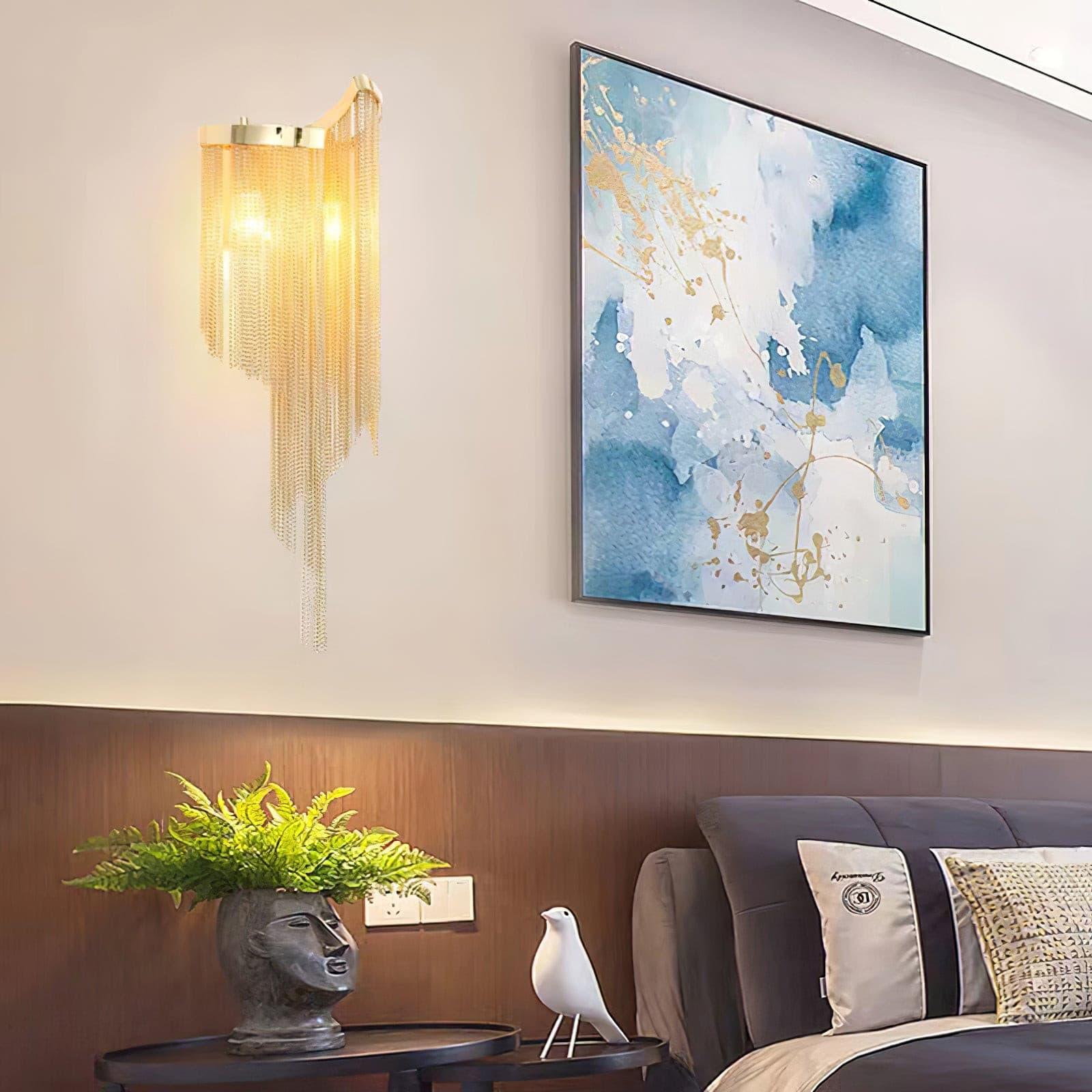 Modern Silver Chain Tassel Wall Sconce Decorative Aluminum Fringe Light for Living Room Bedroom Set of 2