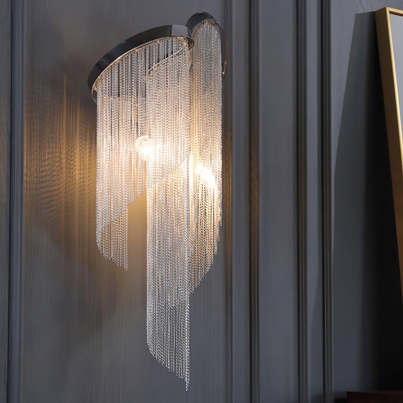 Modern Silver Chain Tassel Wall Sconce Decorative Aluminum Fringe Light for Living Room Bedroom Set of 2