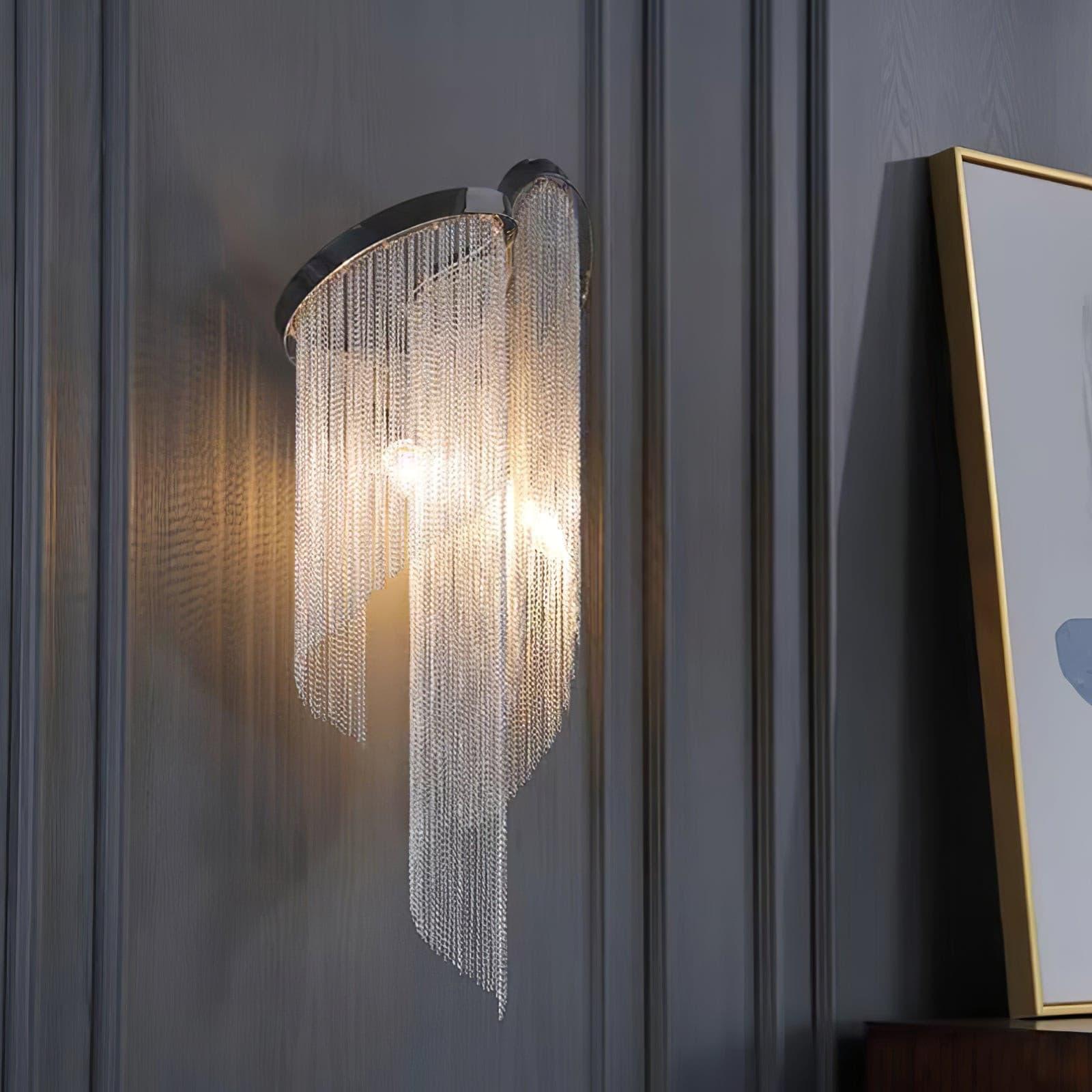 Modern Silver Chain Tassel Wall Sconce Decorative Aluminum Fringe Light for Living Room Bedroom Set of 2