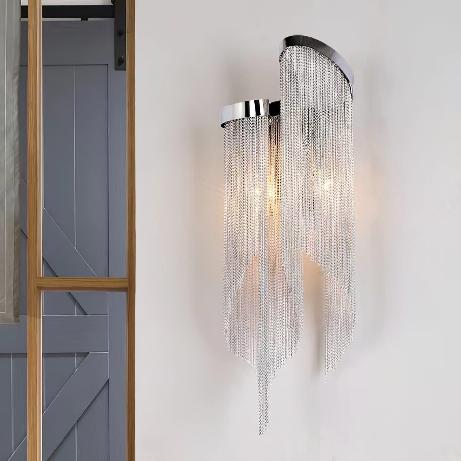 Modern Silver Chain Tassel Wall Sconce Decorative Aluminum Fringe Light for Living Room Bedroom Set of 2