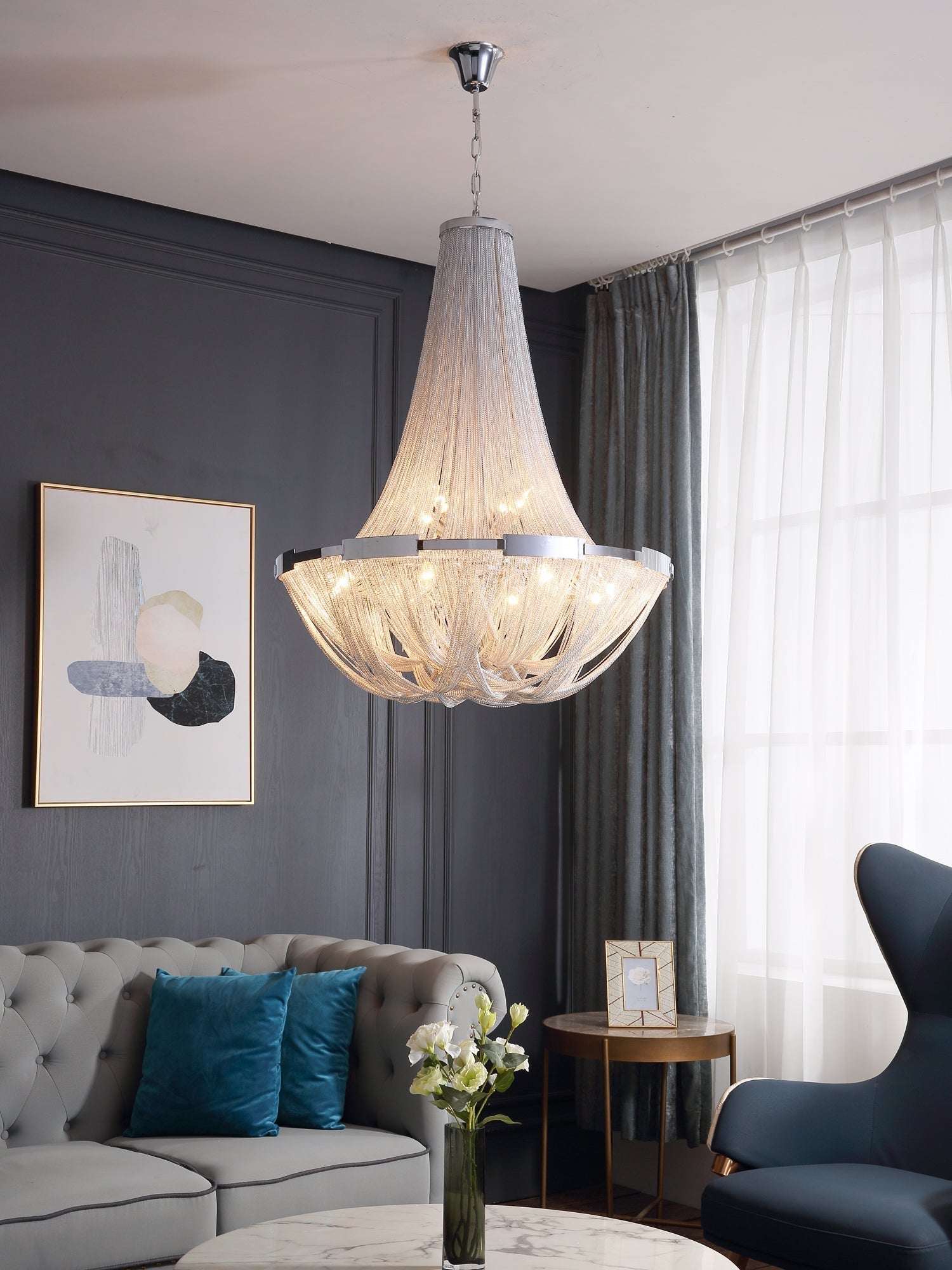 Modern Silver Tassel Aluminum Chain Chandelier Luxury Fringe Pendant Ceiling Fixture