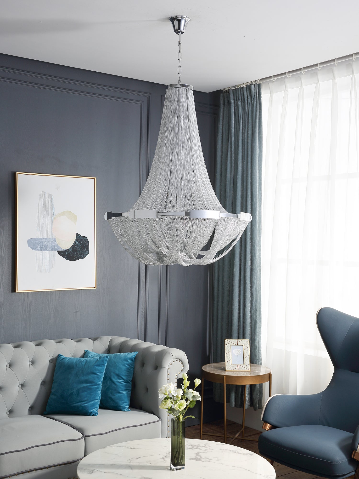 Modern Silver Tassel Aluminum Chain Chandelier Luxury Fringe Pendant Ceiling Fixture