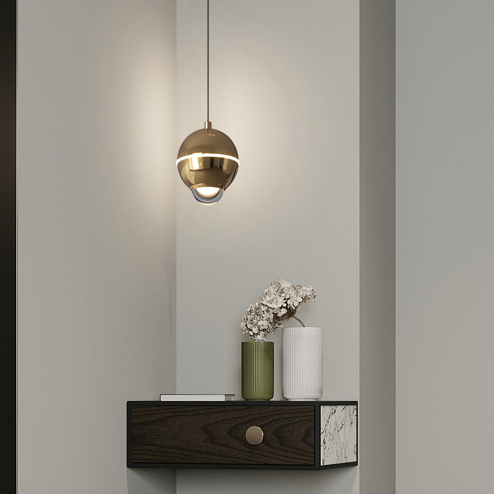 Modern Small Metal Ball LED Pendant Light with 3 Color Dimming and Integrated Spotlight for Bedside Lighting