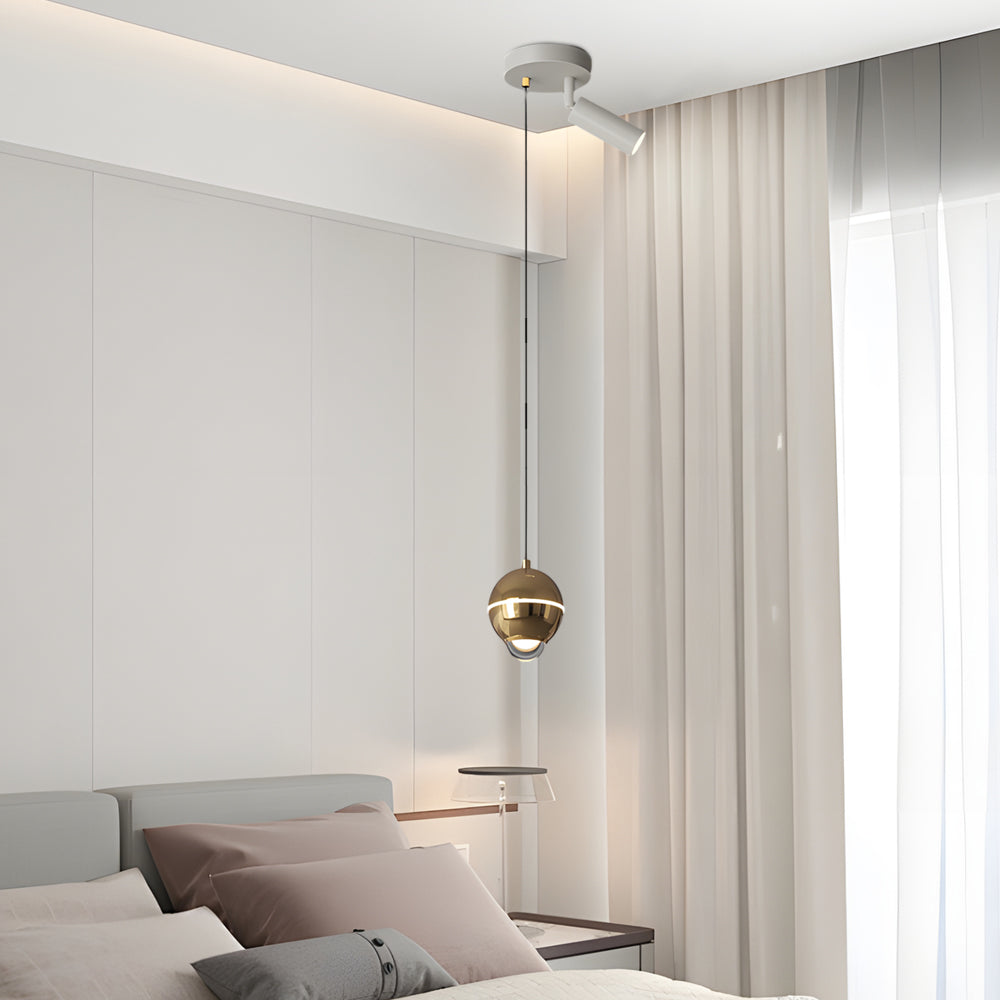 Modern Small Metal Ball LED Pendant Light with 3 Color Dimming and Integrated Spotlight for Bedside Lighting