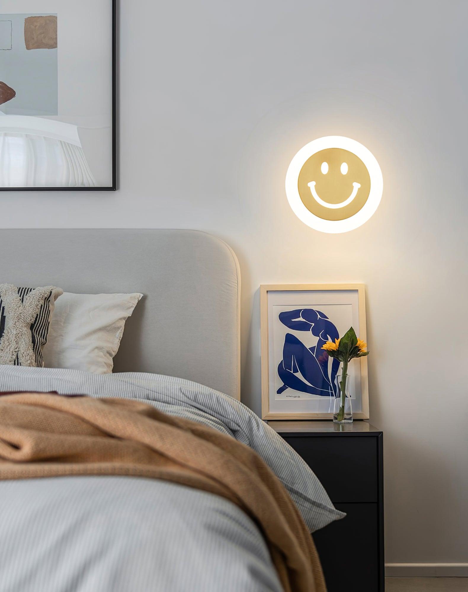 Modern Smiley Face Wall Sconce LED Indoor Light Fixture with Brass Finish and Three Color Modes