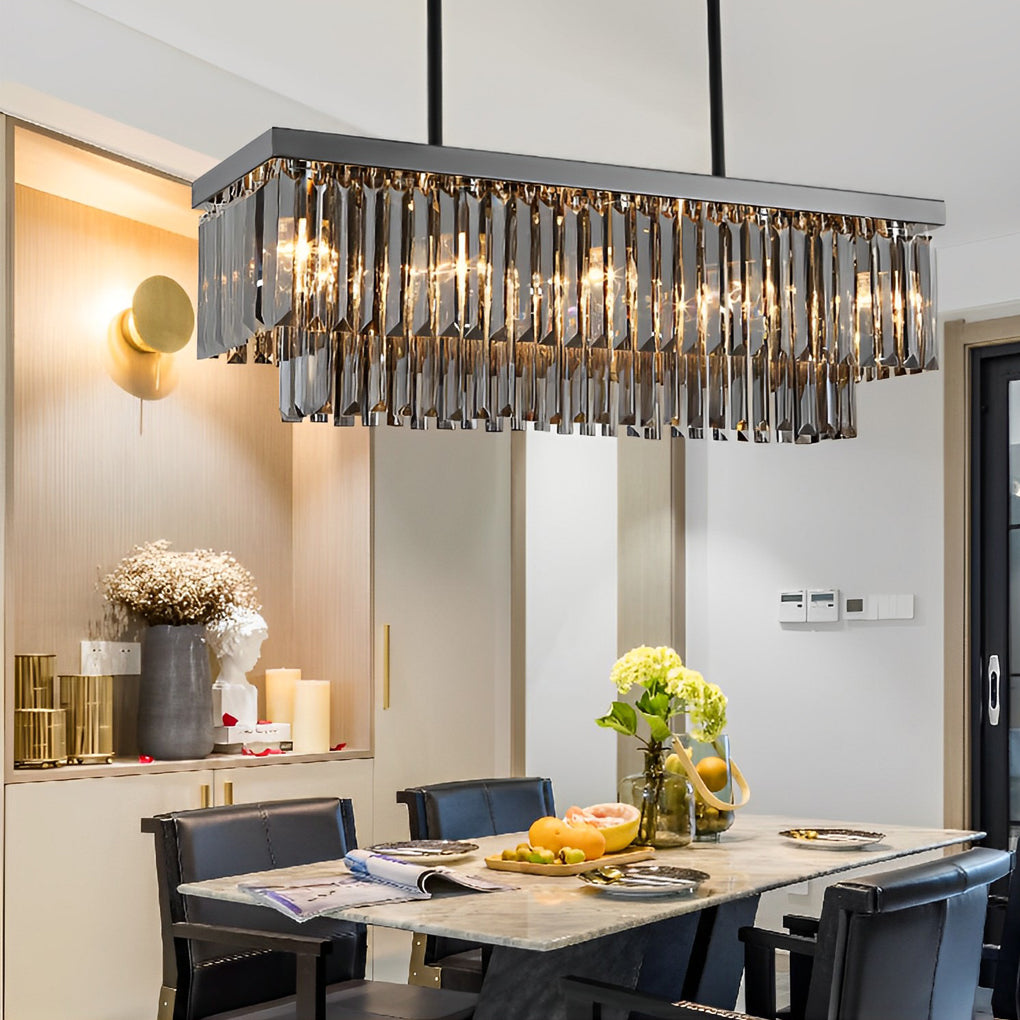 Modern Smoke Gray Crystal Rectangular LED Chandelier Dining Room Pendant Light with 3 Step Dimming