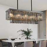 Modern Smoke Gray Crystal Rectangular LED Chandelier Dining Room Pendant Light with 3 Step Dimming