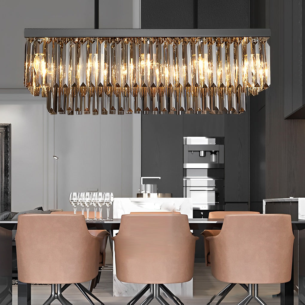 Modern Smoke Gray Crystal Rectangular LED Chandelier Dining Room Pendant Light with 3 Step Dimming