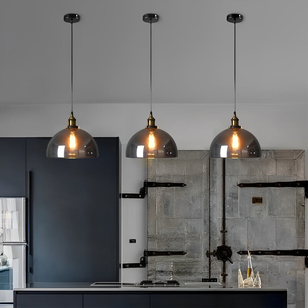 Modern Smoke Gray Glass Industrial Pendant Light Electroplated Hanging Ceiling Fixture for Dining Room