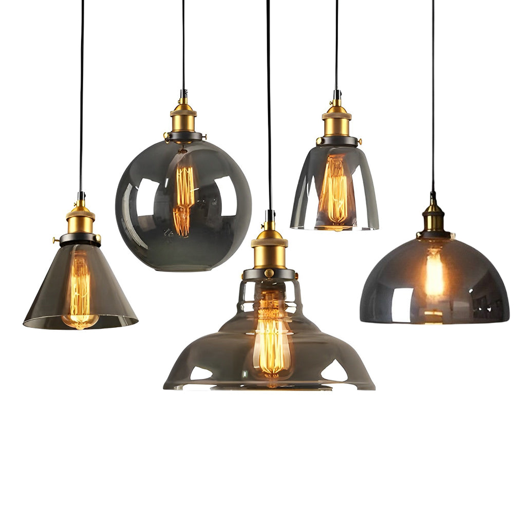 Modern Smoke Gray Glass Industrial Pendant Light Electroplated Hanging Ceiling Fixture for Dining Room