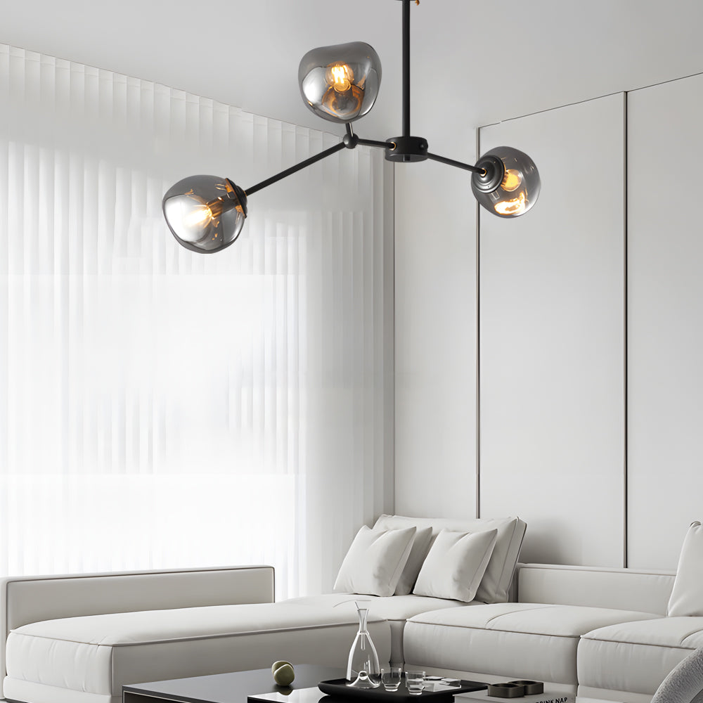 Modern Smoke Gray Glass Molecule Chandelier with Matte Black Metal Arms for Dining Room