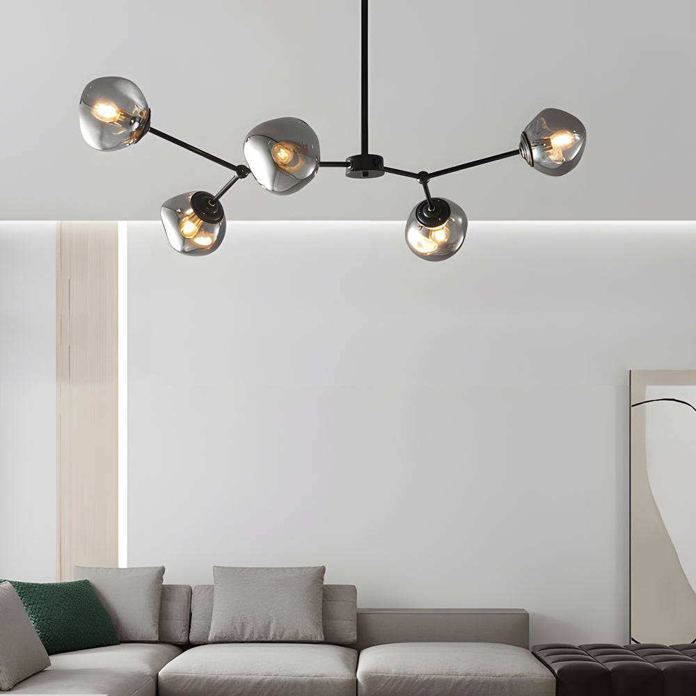 Modern Smoke Gray Glass Molecule Chandelier with Matte Black Metal Arms for Dining Room