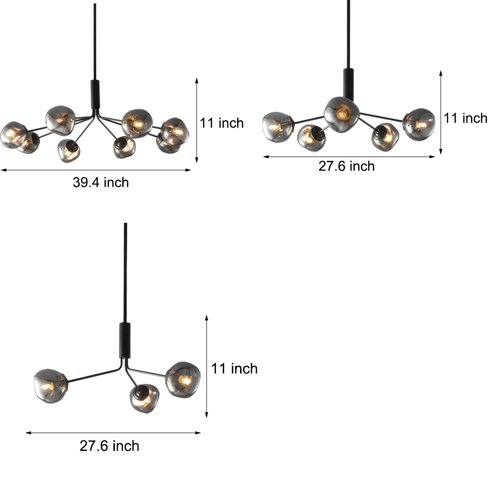 Modern Smoke Gray Glass Molecule Chandelier with Matte Black Metal Arms for Dining Room