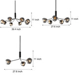 Modern Smoke Gray Glass Molecule Chandelier with Matte Black Metal Arms for Dining Room