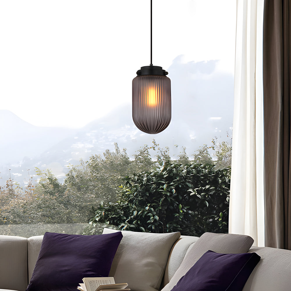 Modern Smoke Gray Pinecone Ribbed Glass Pendant Light Contemporary Single Bulb Hanging Ceiling Fixture