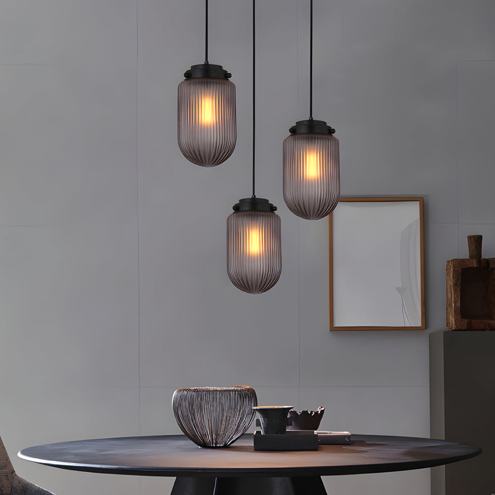 Modern Smoke Gray Pinecone Ribbed Glass Pendant Light Contemporary Single Bulb Hanging Ceiling Fixture