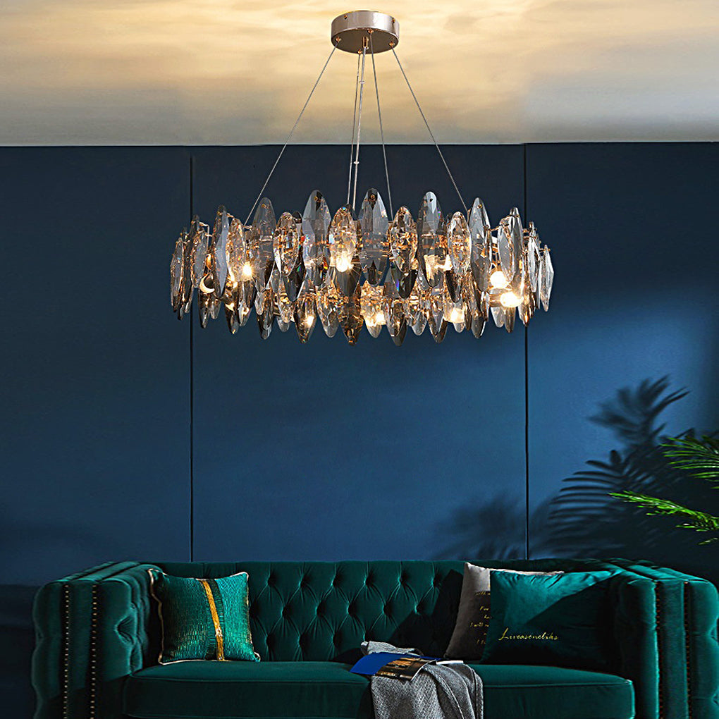 Modern Smoke Gray Round Crystal Chandelier Iron Luxury Pendant Lighting for Living and Dining Room