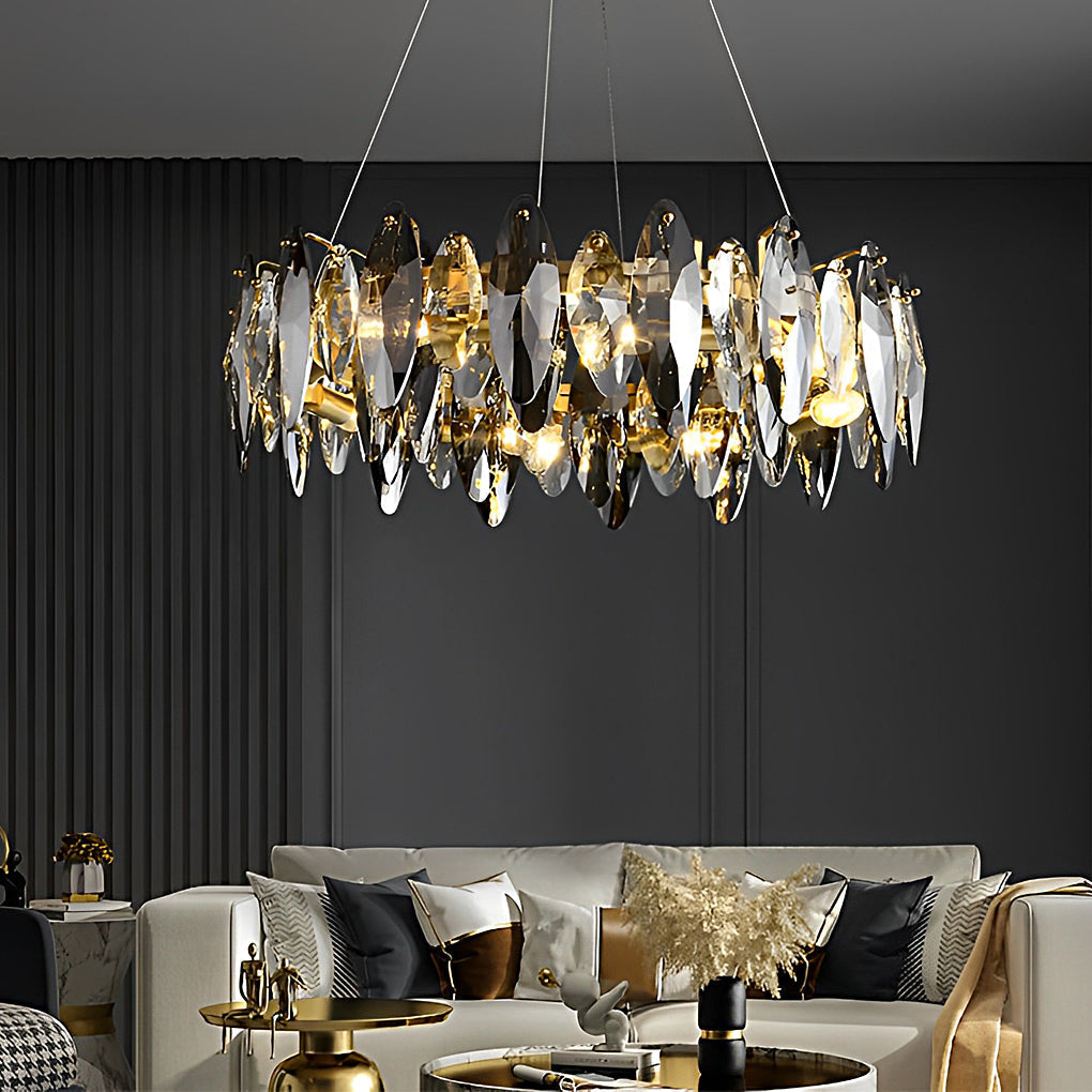 Modern Smoke Gray Round Crystal Chandelier Iron Luxury Pendant Lighting for Living and Dining Room