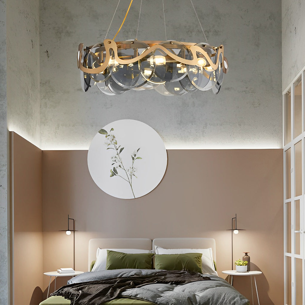 Modern Smoke Gray Round Glass Chandelier Creative Art Iron LED Pendant Light for Living Room
