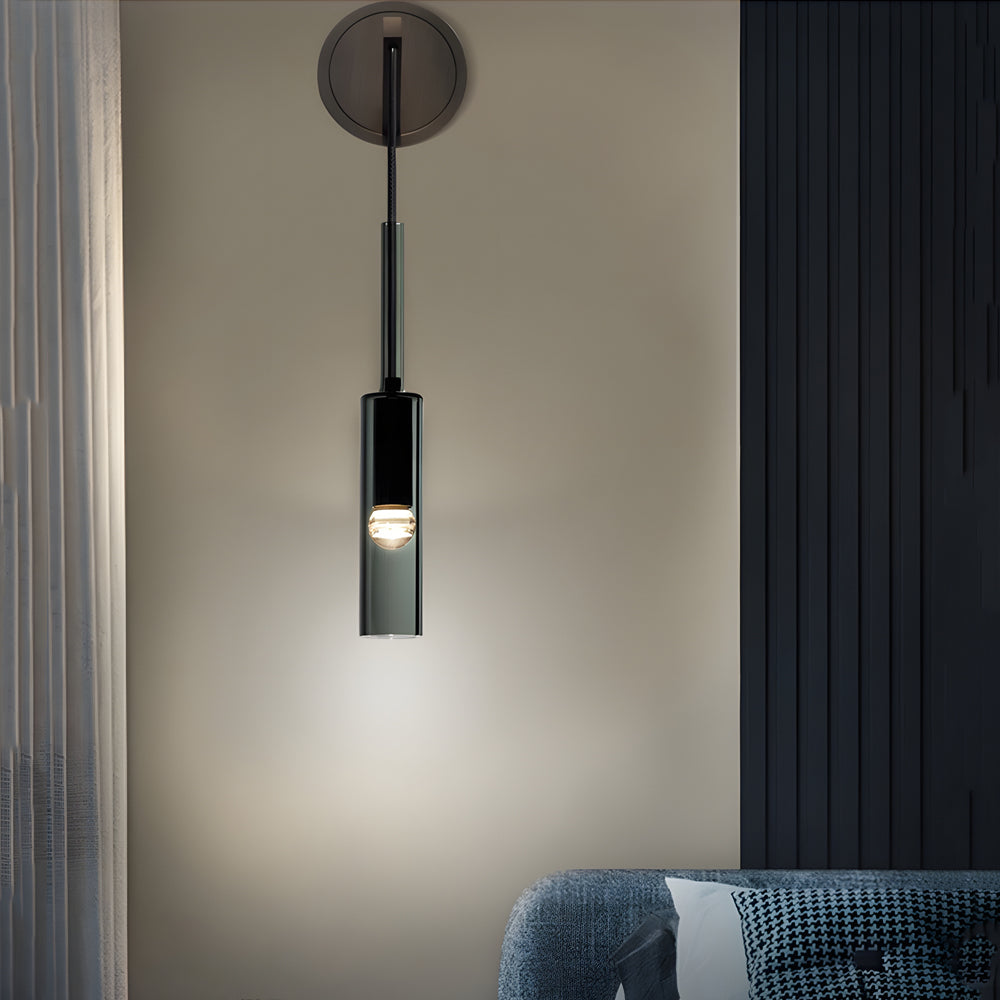 Modern Smoke Grey Glass Cylinder Wall Sconce with Copper Finish and Suspending Cord for Stairway