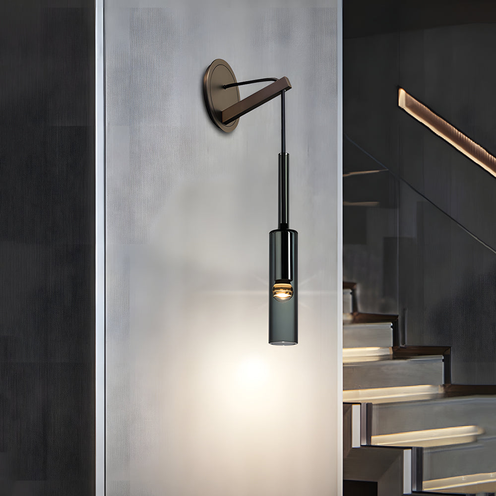Modern Smoke Grey Glass Cylinder Wall Sconce with Copper Finish and Suspending Cord for Stairway