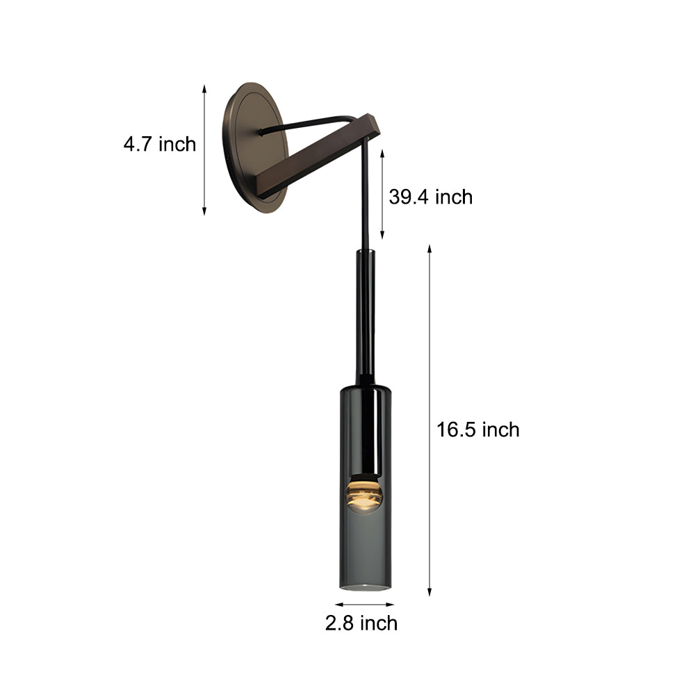 Modern Smoke Grey Glass Cylinder Wall Sconce with Copper Finish and Suspending Cord for Stairway