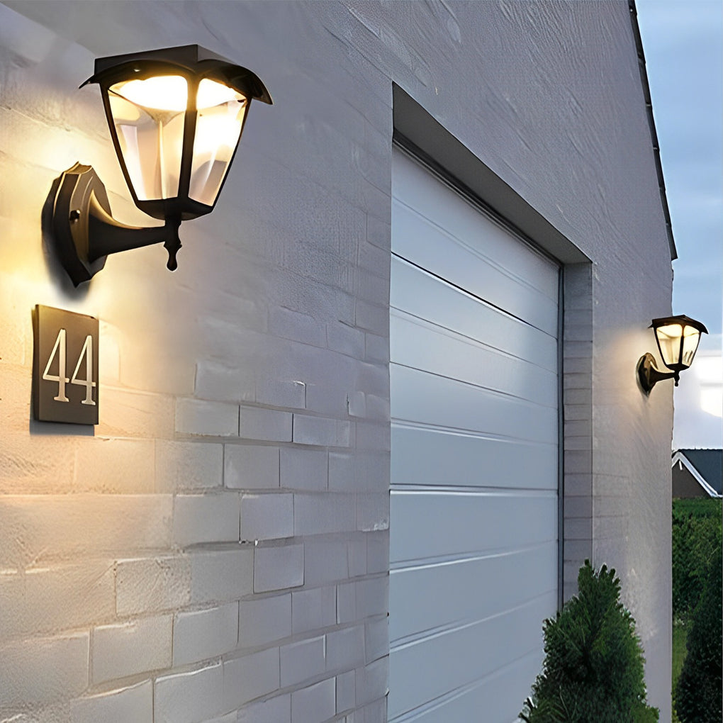 Modern Solar Powered LED Outdoor Wall Sconce Black Aluminum Porch Light with Dual Color Modes