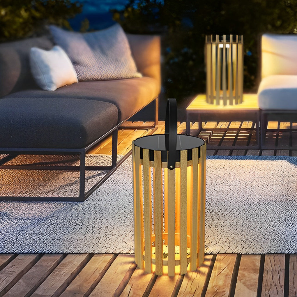 Modern Solar Powered Outdoor Floor Lamp Waterproof LED Wood Lantern for Garden and Patio
