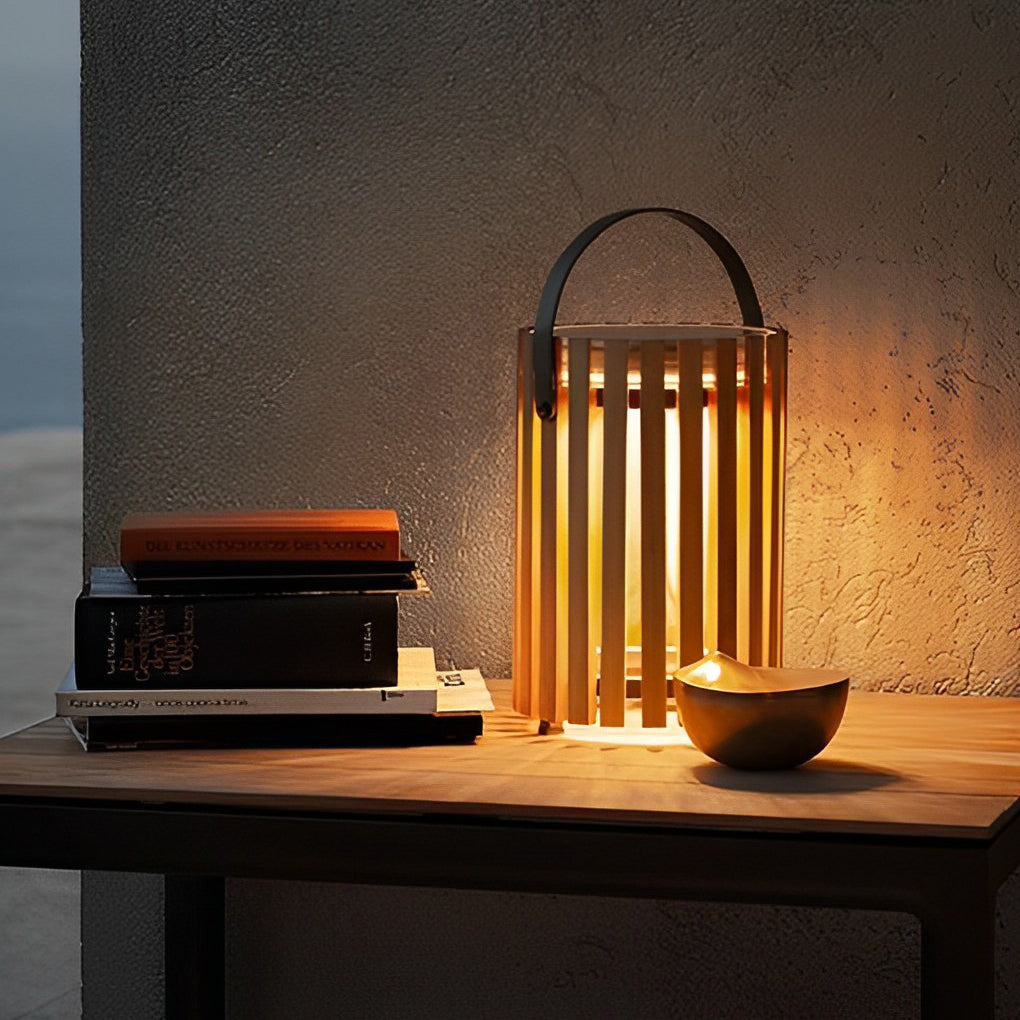 Modern Solar Powered Outdoor Floor Lamp Waterproof LED Wood Lantern for Garden and Patio